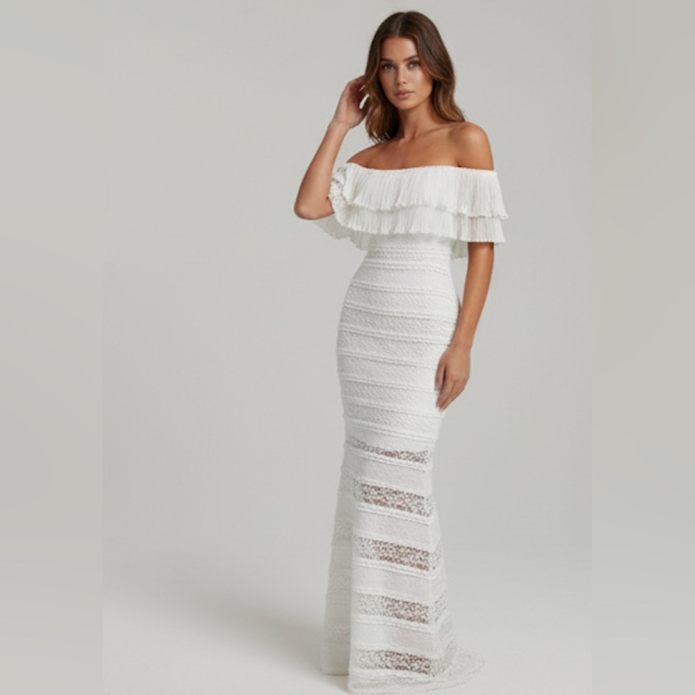 Knitted Lace Off Shoulder Form-Fitting Fish Tail Dress White - Picture 3 of 6